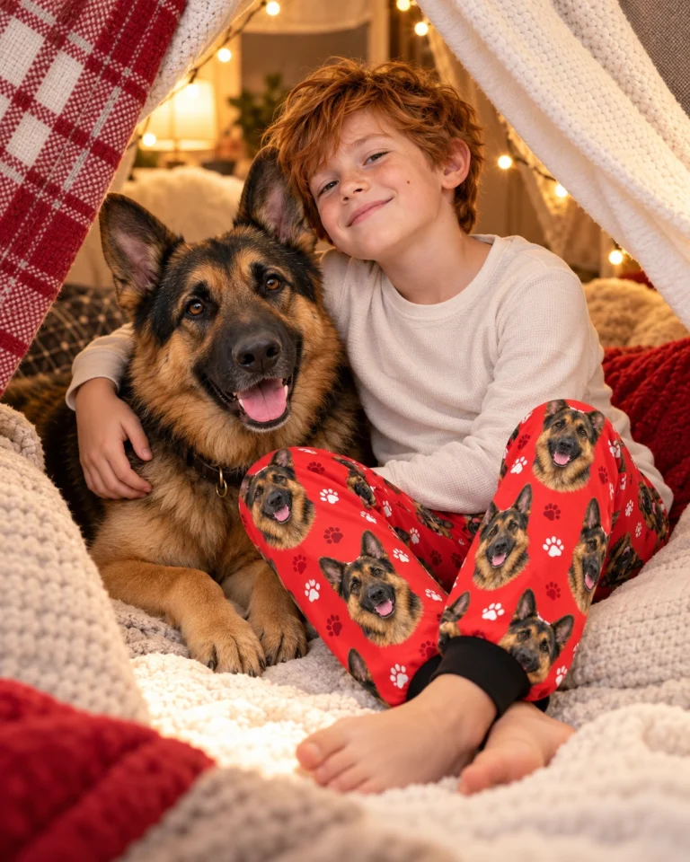 Boy in kids German shepherd pajama pants with his German Shepherd — MyDogPics