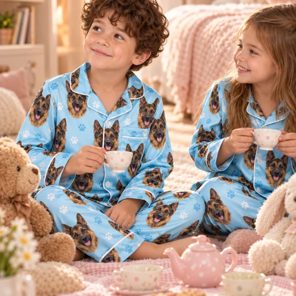 Boy and grandma in matching kids German shepherd pajamas with black-and-tan German Shepherd faces — MyDogPics
