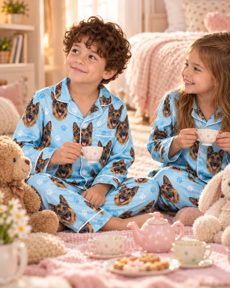 Boy and grandma in matching kids German shepherd pajamas with black-and-tan German Shepherd faces — MyDogPics