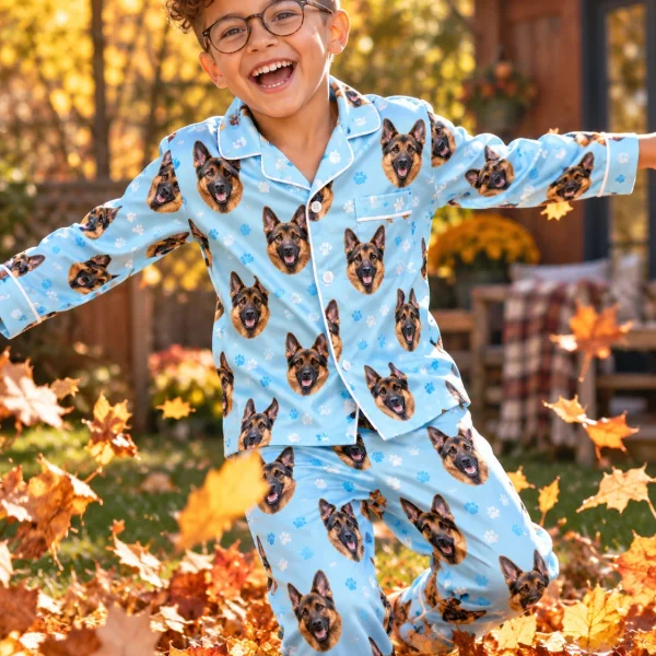 Boy posing in kids German shepherd pajamas, black-and-tan German Shepherd faces on light blue paw-print satin — MyDogPics