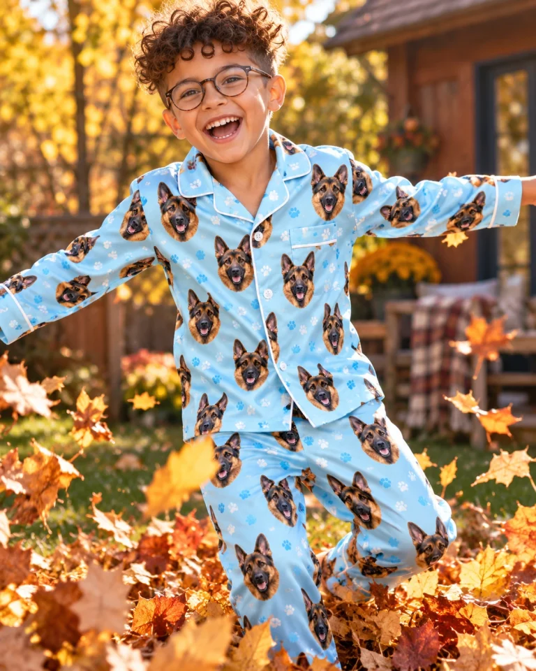 Boy posing in kids German shepherd pajamas, black-and-tan German Shepherd faces on light blue paw-print satin — MyDogPics