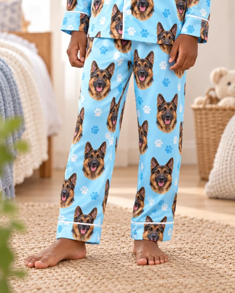 Boy sitting in kids German shepherd pajamas covered in black-and-tan German Shepherd faces — MyDogPics