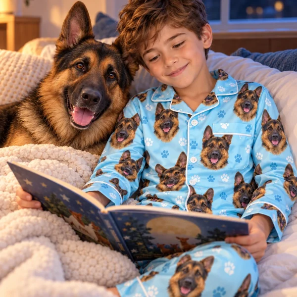 Boy in kids German shepherd pajamas with his German Shepherd — MyDogPics