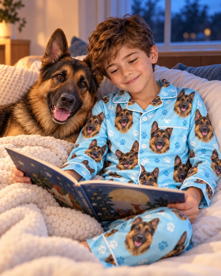 Boy in kids German shepherd pajamas with his German Shepherd — MyDogPics