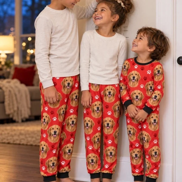 Kids in matching kids golden retriever pajama pants with golden Golden Retriever faces on red paw-print fabric — MyDogPics