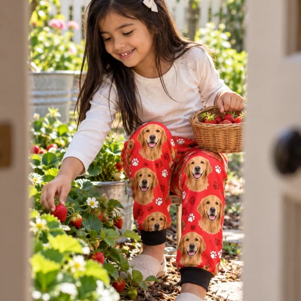 Boy posing in kids golden retriever pajama pants, golden Golden Retriever faces on red paw-print fabric — MyDogPics