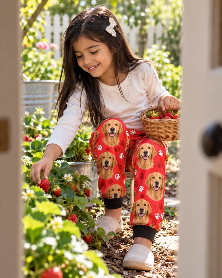 Boy posing in kids golden retriever pajama pants, golden Golden Retriever faces on red paw-print fabric — MyDogPics