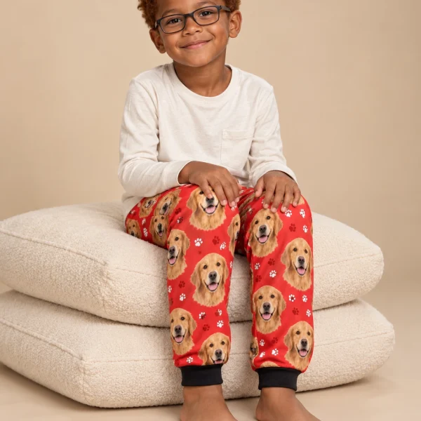 Boy sitting in kids golden retriever pajama pants covered in golden Golden Retriever faces — MyDogPics