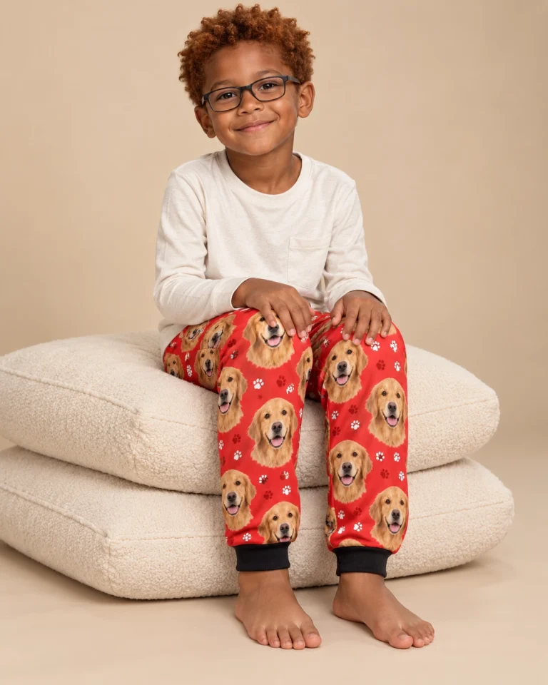 Boy sitting in kids golden retriever pajama pants covered in golden Golden Retriever faces — MyDogPics