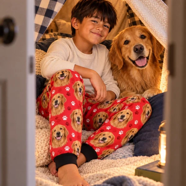 Boy in kids golden retriever pajama pants with his Golden Retriever — MyDogPics