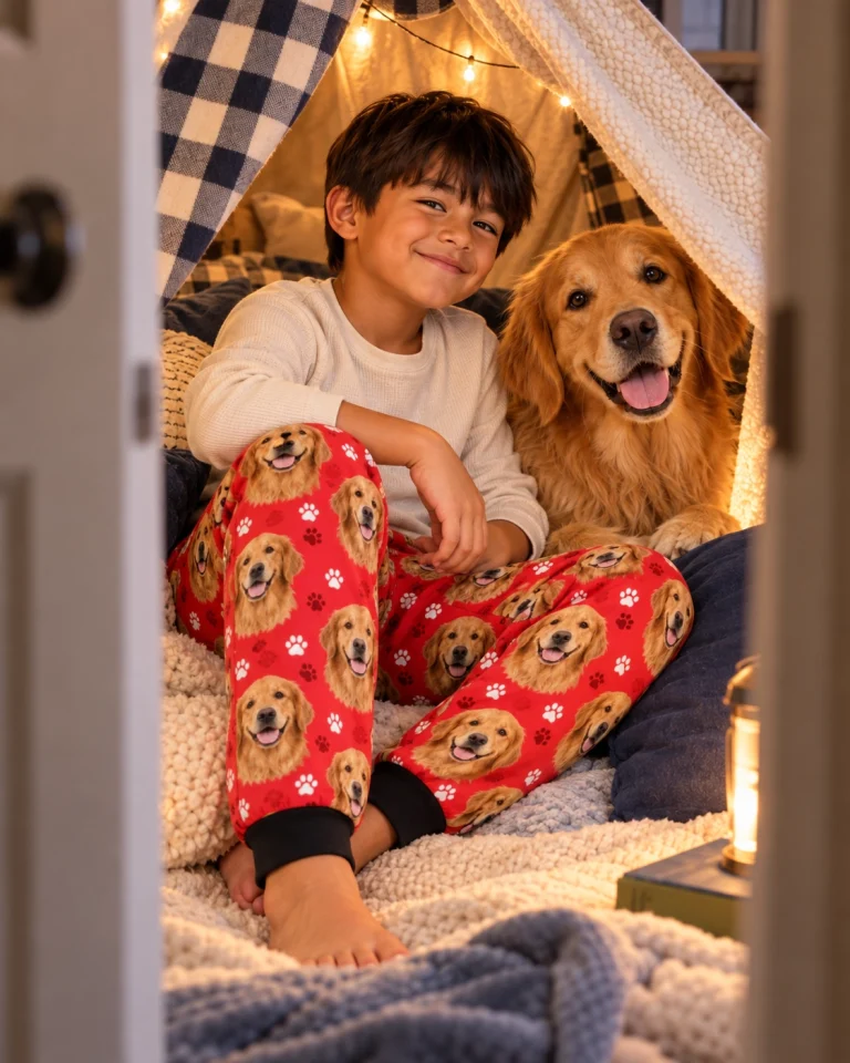 Boy in kids golden retriever pajama pants with his Golden Retriever — MyDogPics