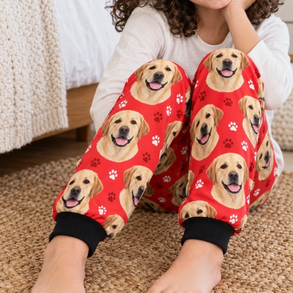 Close-up of the kids labrador pajama pants print: yellow Labrador Retriever faces on red paw-print fabric — MyDogPics