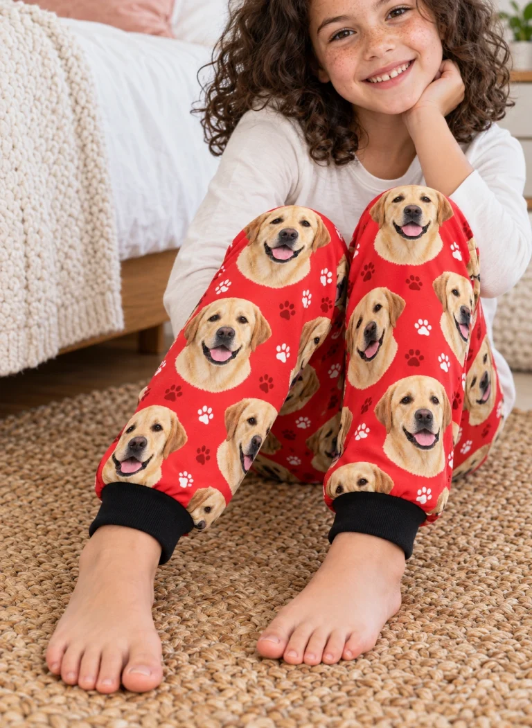 Close-up of the kids labrador pajama pants print: yellow Labrador Retriever faces on red paw-print fabric — MyDogPics