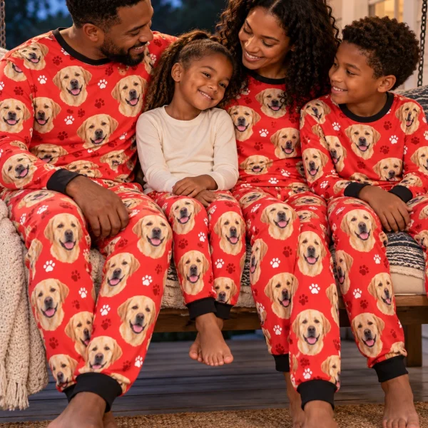 Boy and his family in matching kids labrador pajama pants with yellow Labrador Retriever faces — MyDogPics