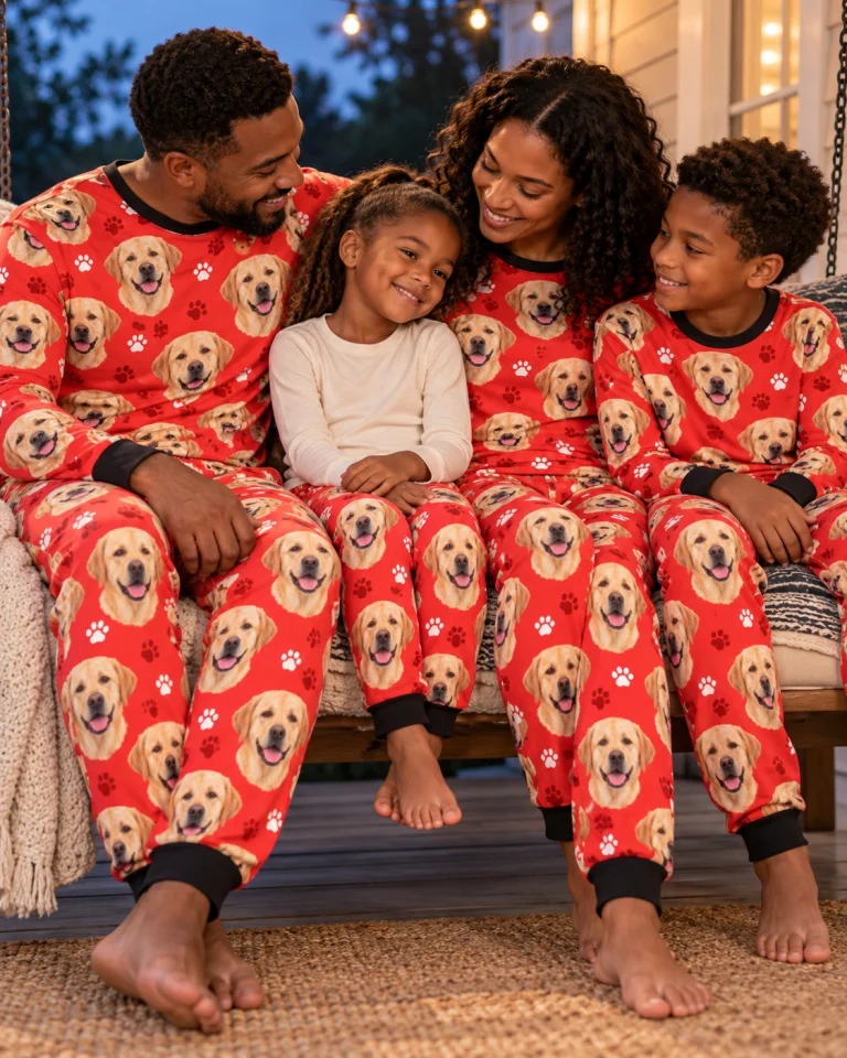 Boy and his family in matching kids labrador pajama pants with yellow Labrador Retriever faces — MyDogPics