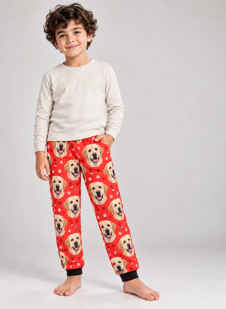 Boy wearing kids labrador pajama pants covered in yellow Labrador Retriever faces on red paw-print fabric — MyDogPics