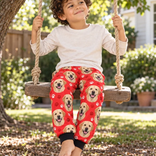 Boy sitting in kids labrador pajama pants covered in yellow Labrador Retriever faces — MyDogPics
