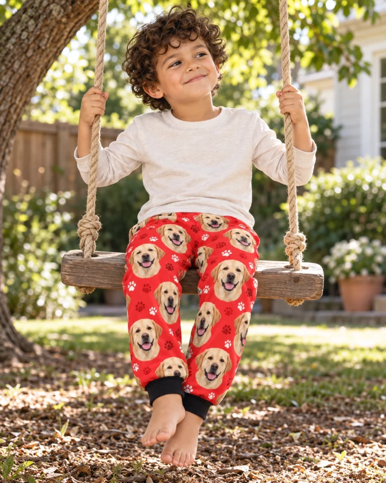 Boy sitting in kids labrador pajama pants covered in yellow Labrador Retriever faces — MyDogPics