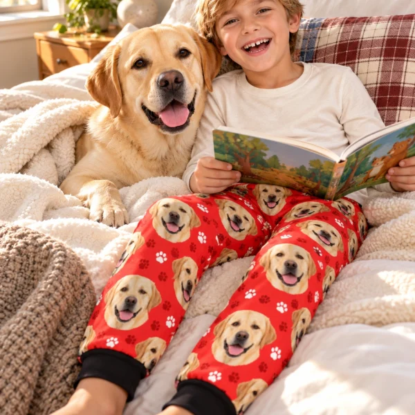 Boy in kids labrador pajama pants with his Labrador Retriever — MyDogPics