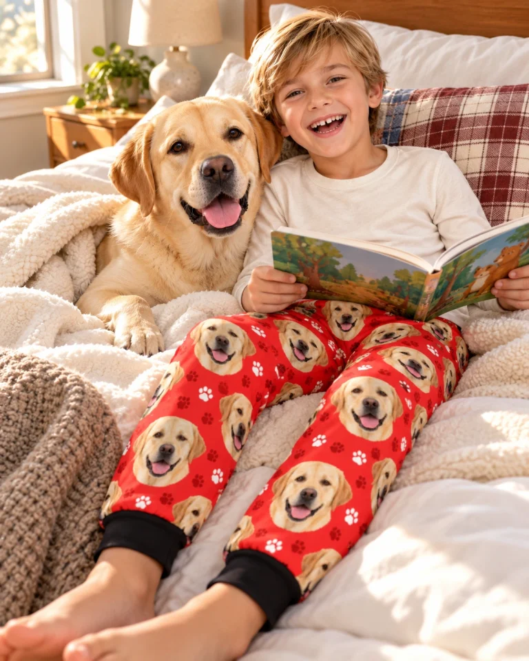 Boy in kids labrador pajama pants with his Labrador Retriever — MyDogPics