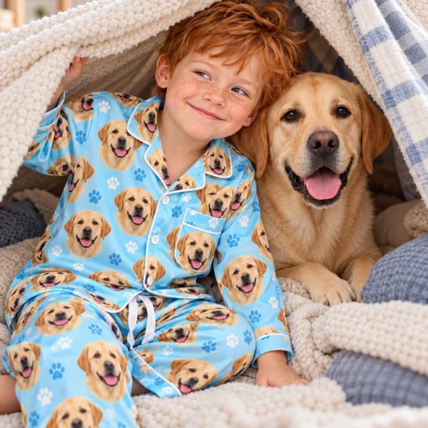 Boy in kids labrador pajamas cuddling his Labrador Retriever — MyDogPics