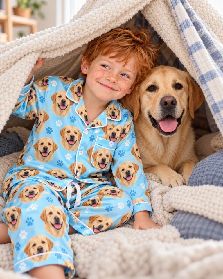 Boy in kids labrador pajamas cuddling his Labrador Retriever — MyDogPics