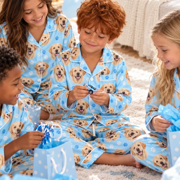 Kids in matching kids labrador pajamas with yellow Labrador Retriever faces on light blue paw-print satin — MyDogPics