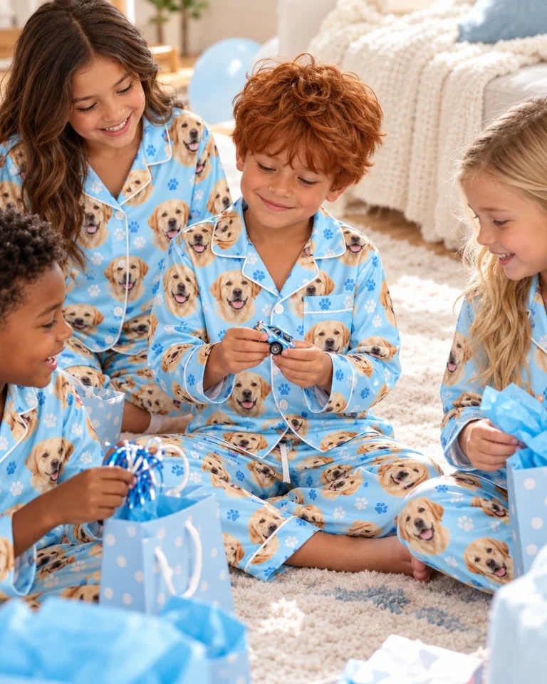 Kids in matching kids labrador pajamas with yellow Labrador Retriever faces on light blue paw-print satin — MyDogPics