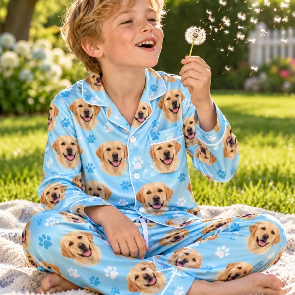 Boy sitting in kids labrador pajamas covered in yellow Labrador Retriever faces — MyDogPics