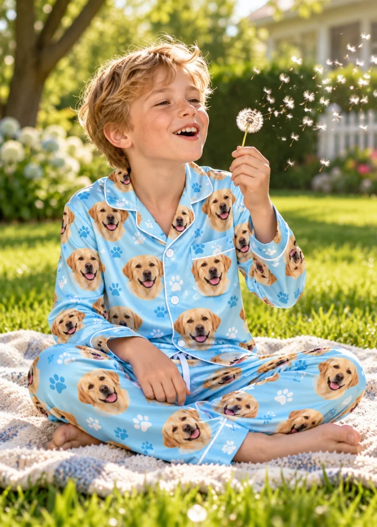 Boy sitting in kids labrador pajamas covered in yellow Labrador Retriever faces — MyDogPics