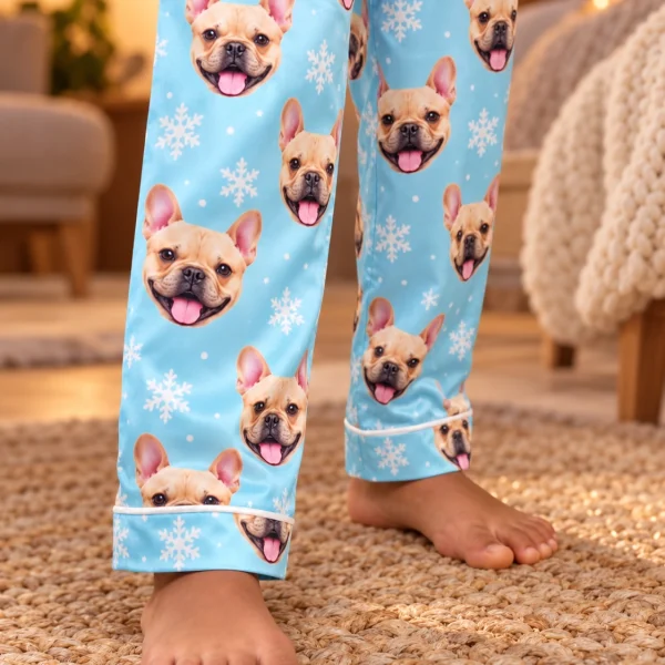 Close-up of the kids new years pajamas print: fawn French bulldog faces on blue snowflake satin — MyDogPics
