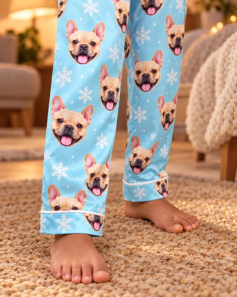 Close-up of the kids new years pajamas print: fawn French bulldog faces on blue snowflake satin — MyDogPics