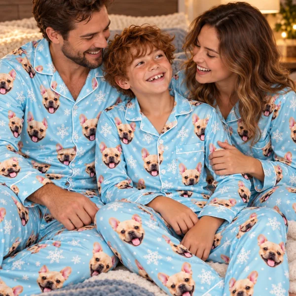 Boy and his parents in matching kids new years pajamas with fawn French bulldog faces on blue snowflake satin — MyDogPics