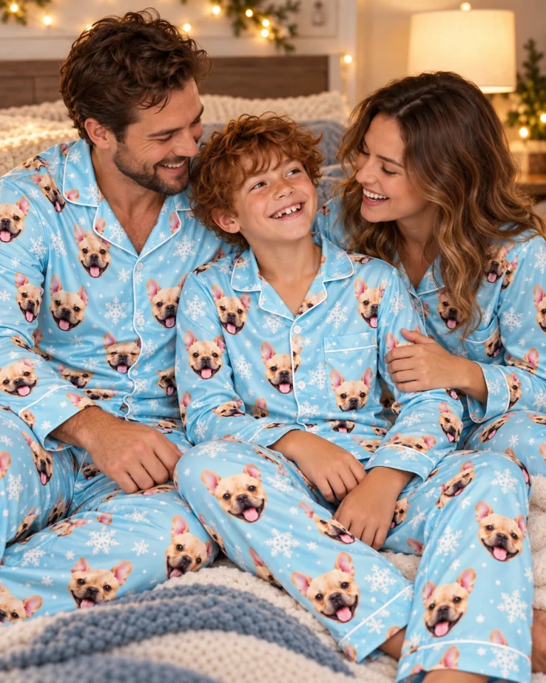 Boy and his parents in matching kids new years pajamas with fawn French bulldog faces on blue snowflake satin — MyDogPics
