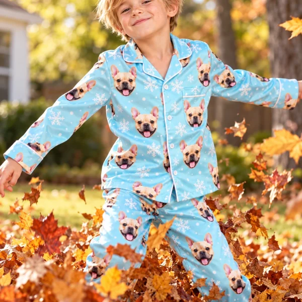 Boy posing in kids new years pajamas, fawn French bulldog faces on blue snowflake satin — MyDogPics