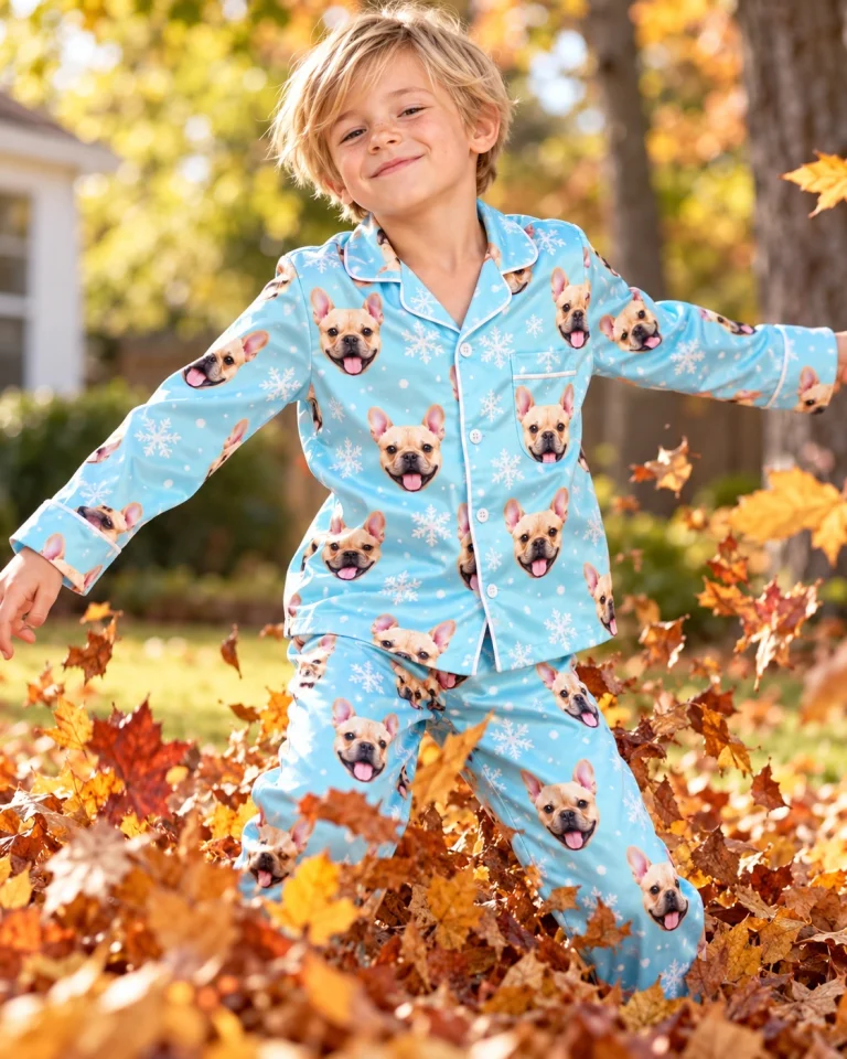 Boy posing in kids new years pajamas, fawn French bulldog faces on blue snowflake satin — MyDogPics