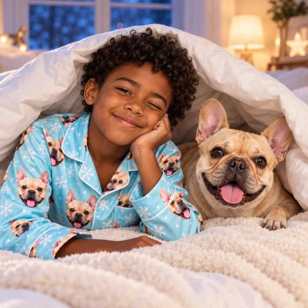Boy in kids new years pajamas with his French bulldog — MyDogPics