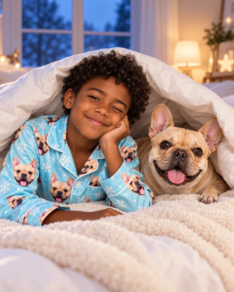Boy in kids new years pajamas with his French bulldog — MyDogPics