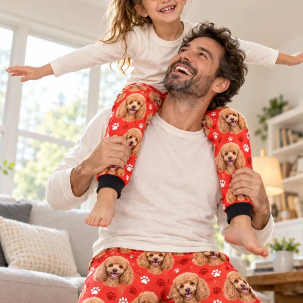 Girl and her dad in matching kids poodle pajama pants with apricot Poodle faces on red paw-print fabric — MyDogPics