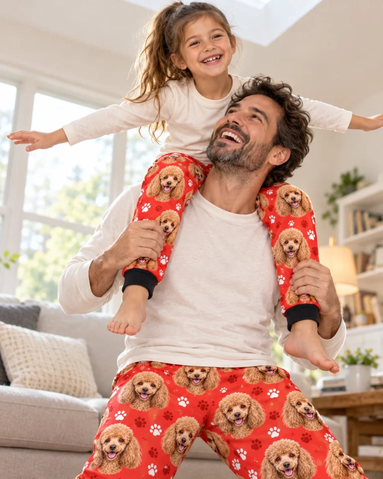 Girl and her dad in matching kids poodle pajama pants with apricot Poodle faces on red paw-print fabric — MyDogPics