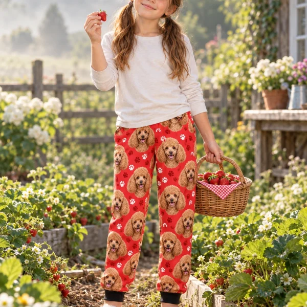 Girl posing in kids poodle pajama pants, apricot Poodle faces on red paw-print fabric — MyDogPics
