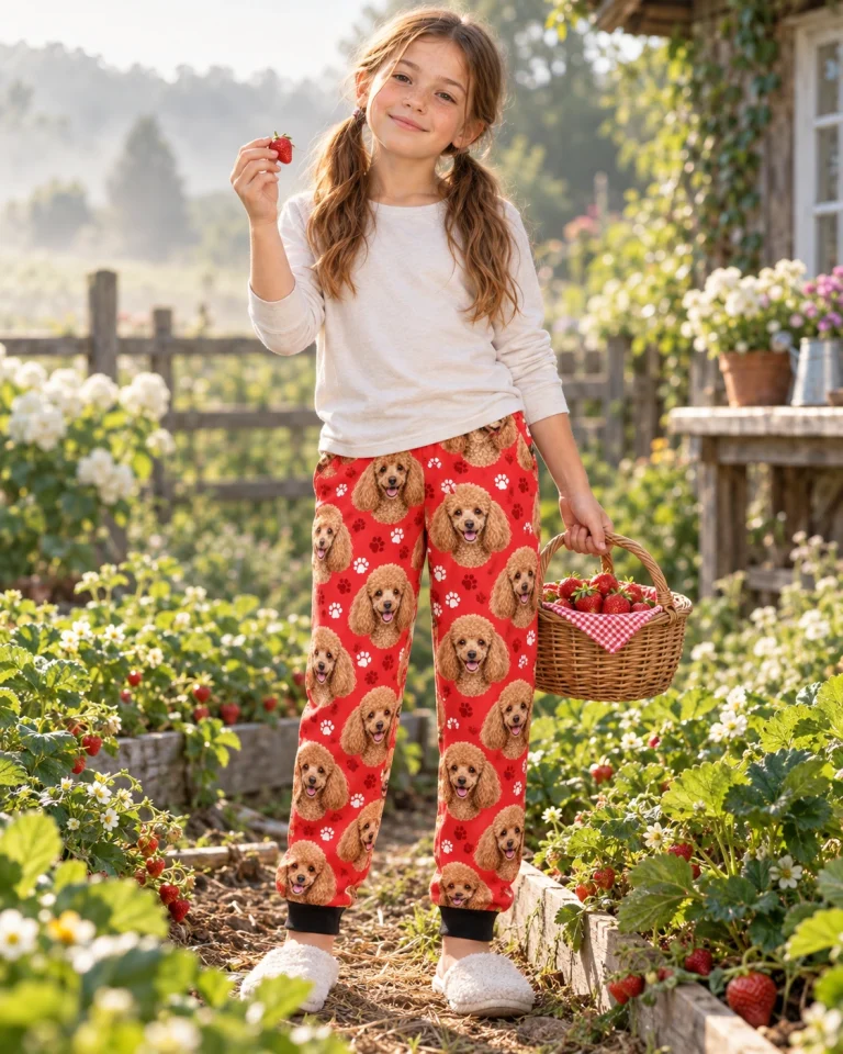 Girl posing in kids poodle pajama pants, apricot Poodle faces on red paw-print fabric — MyDogPics