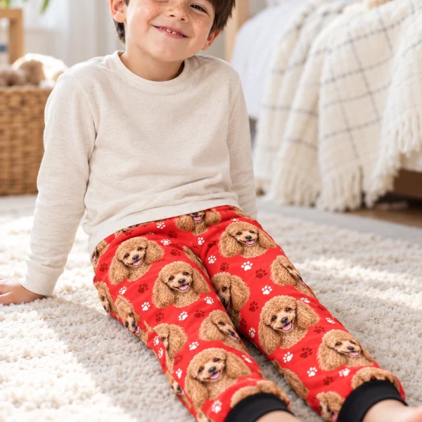 Boy sitting in kids poodle pajama pants covered in apricot Poodle faces — MyDogPics