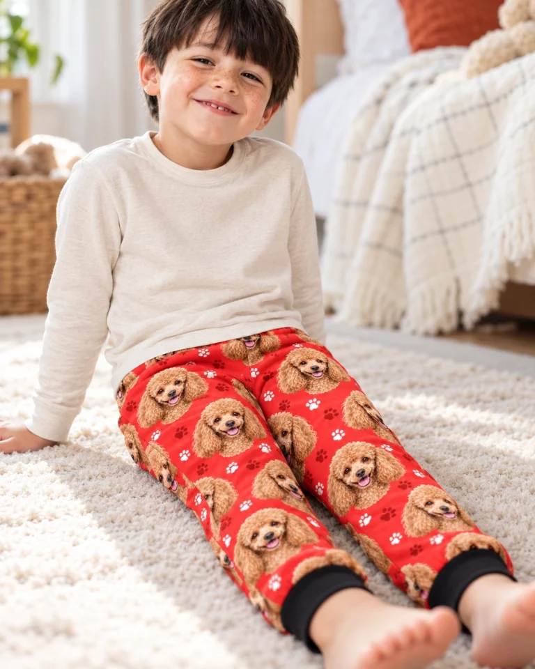 Boy sitting in kids poodle pajama pants covered in apricot Poodle faces — MyDogPics