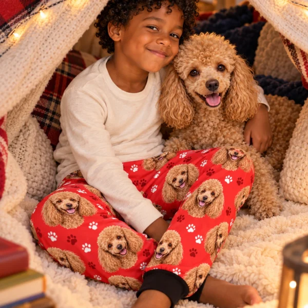 Boy in kids poodle pajama pants with his Poodle — MyDogPics