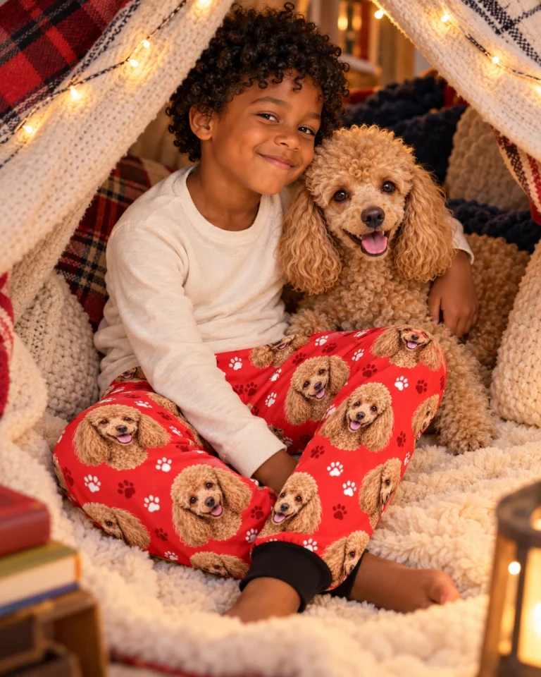 Boy in kids poodle pajama pants with his Poodle — MyDogPics