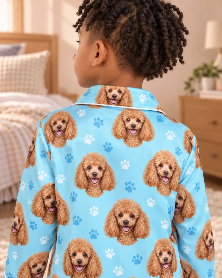 Back view of kids poodle pajamas: the print continues all the way round — MyDogPics