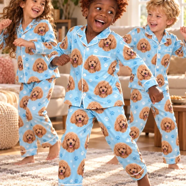 Kids in matching kids poodle pajamas with apricot Poodle faces on light blue paw-print satin — MyDogPics