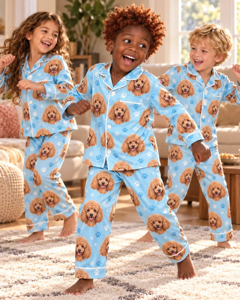 Kids in matching kids poodle pajamas with apricot Poodle faces on light blue paw-print satin — MyDogPics