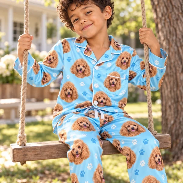 Boy sitting in kids poodle pajamas covered in apricot Poodle faces — MyDogPics